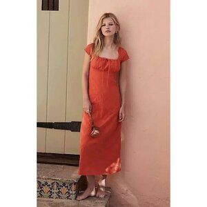 NEW FREE PEOPLE FREE-EST NATALYA SMOCKED COTTON WARM RED RUCHED MIDI DRESS SZ XS